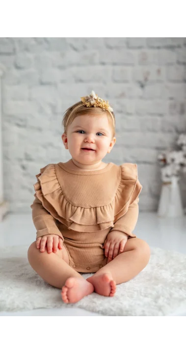 Bej Yakası Fırfırlı %100 Organik GOTS Pamuk Body (0-4 Yaş