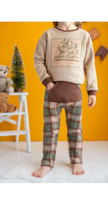 Erkek Çocuk Baskılı Yeşil Bej Ekoseli İkili Takım ( 2- 7 yaş )