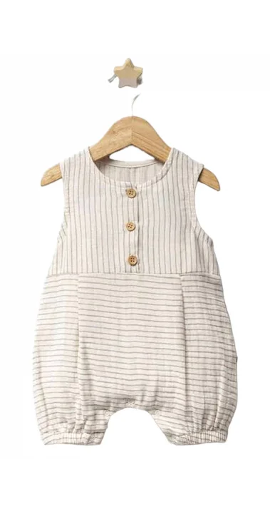 Unisex Gri Çizgili Muslin Keten Tulum