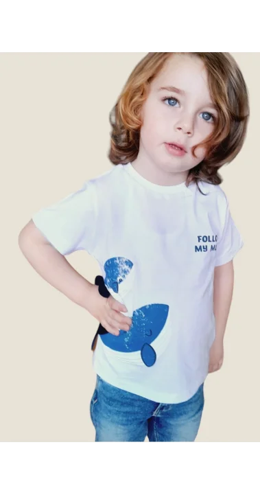 Balina Baskılı Erkek Çocuk Beyaz Mavi T-shirt ( 1- 5yaş )