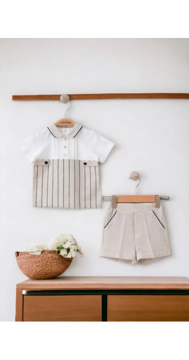 Erkek Çizgili Keten İkili Şortlu Takım ( 6-12 Ay)