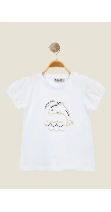 Kız Çocuk Yunus Balığı Baskı Nakışlı T-Shirt ( 1- 4 Yaş )