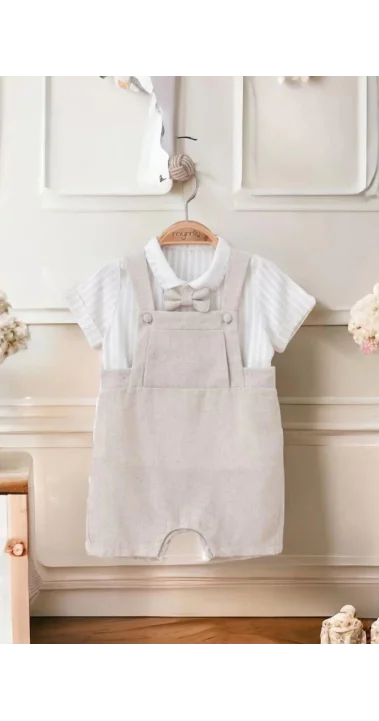 Mymio Erkek Çizgili Keten İkili Salopet Tulum (3-12 Ay )