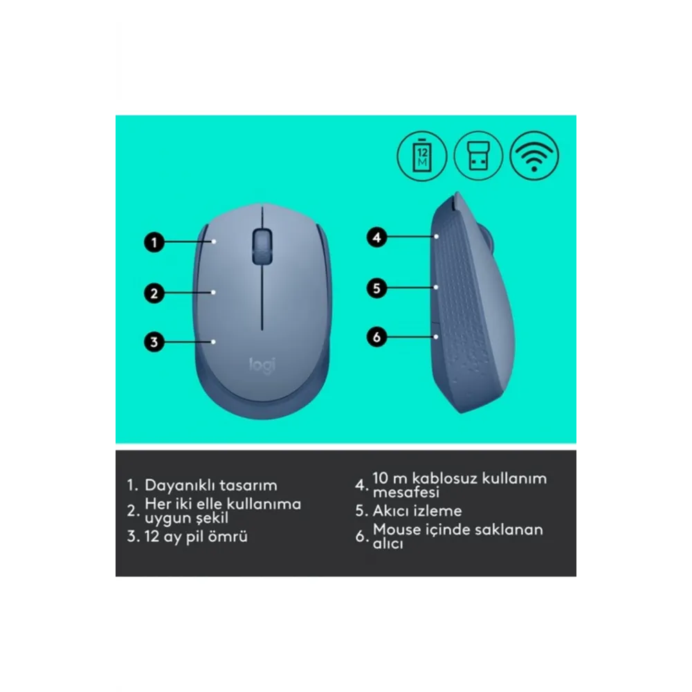 M171 USB Alıcılı Kablosuz Kompakt Mouse Açık Mavi 910-006866