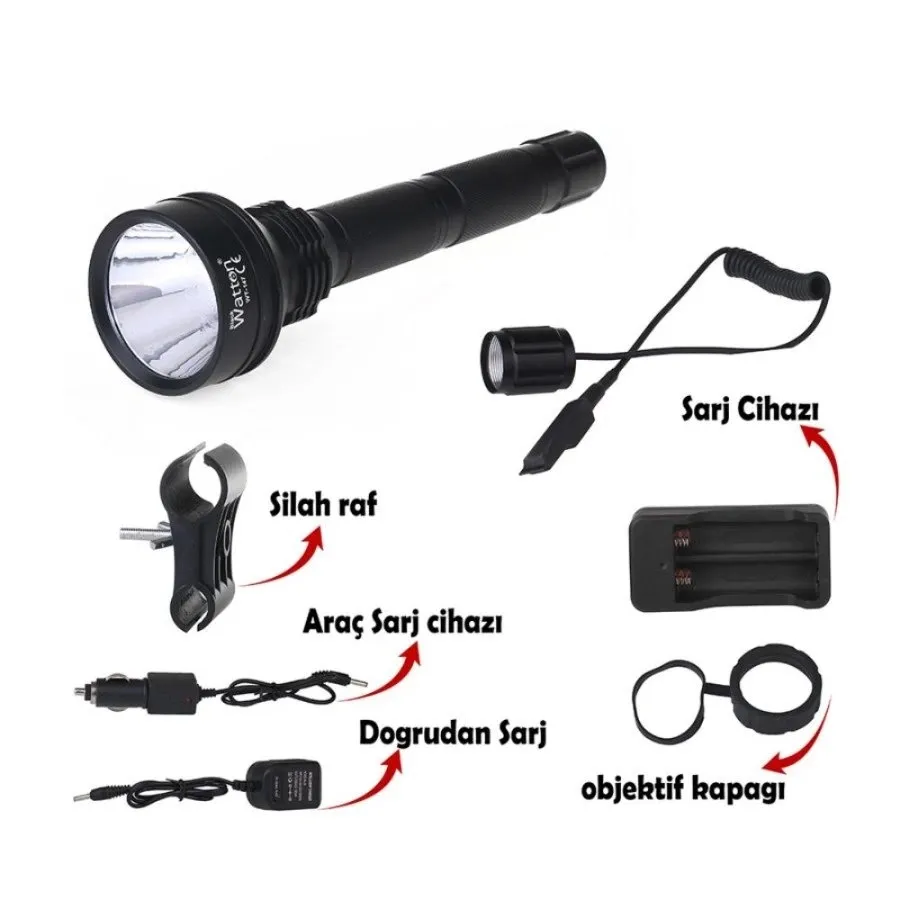 BlackWatton WT-147 Güçlü Profesyonel Tüfek Feneri - 500m Menzilli T6 LED (Filtre Uyumlu Set)