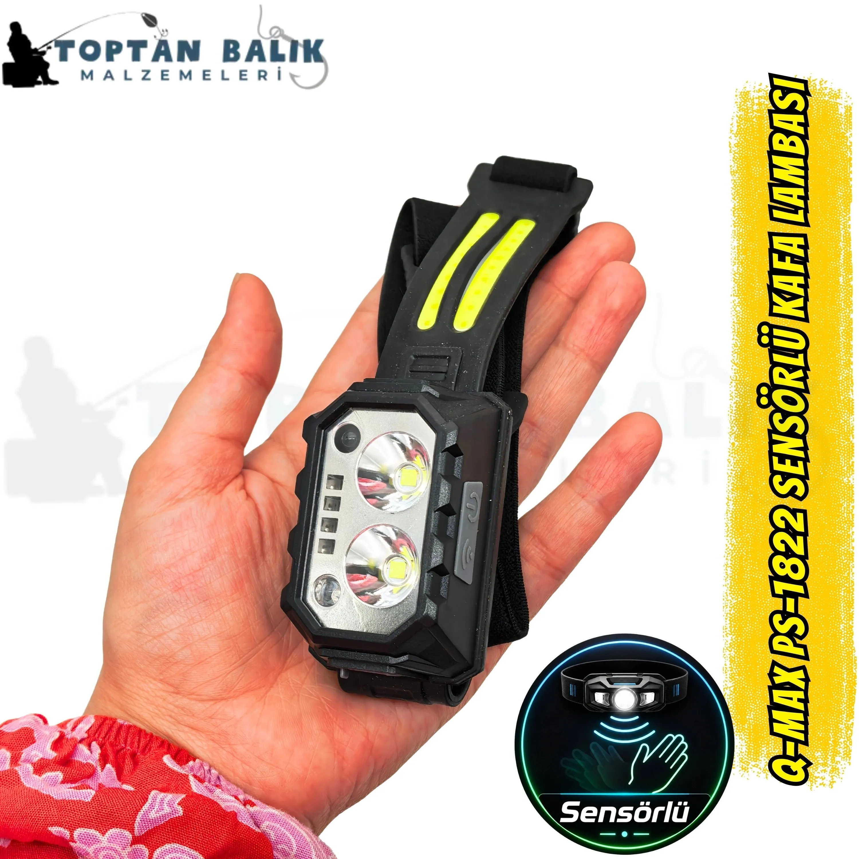 Q-Max PS-1822 Sensörlü Şarjlı LED Kafa Lambası - El Hareketi Algılamalı Su Geçirmez Balıkçı ve Kamp Kafa Feneri