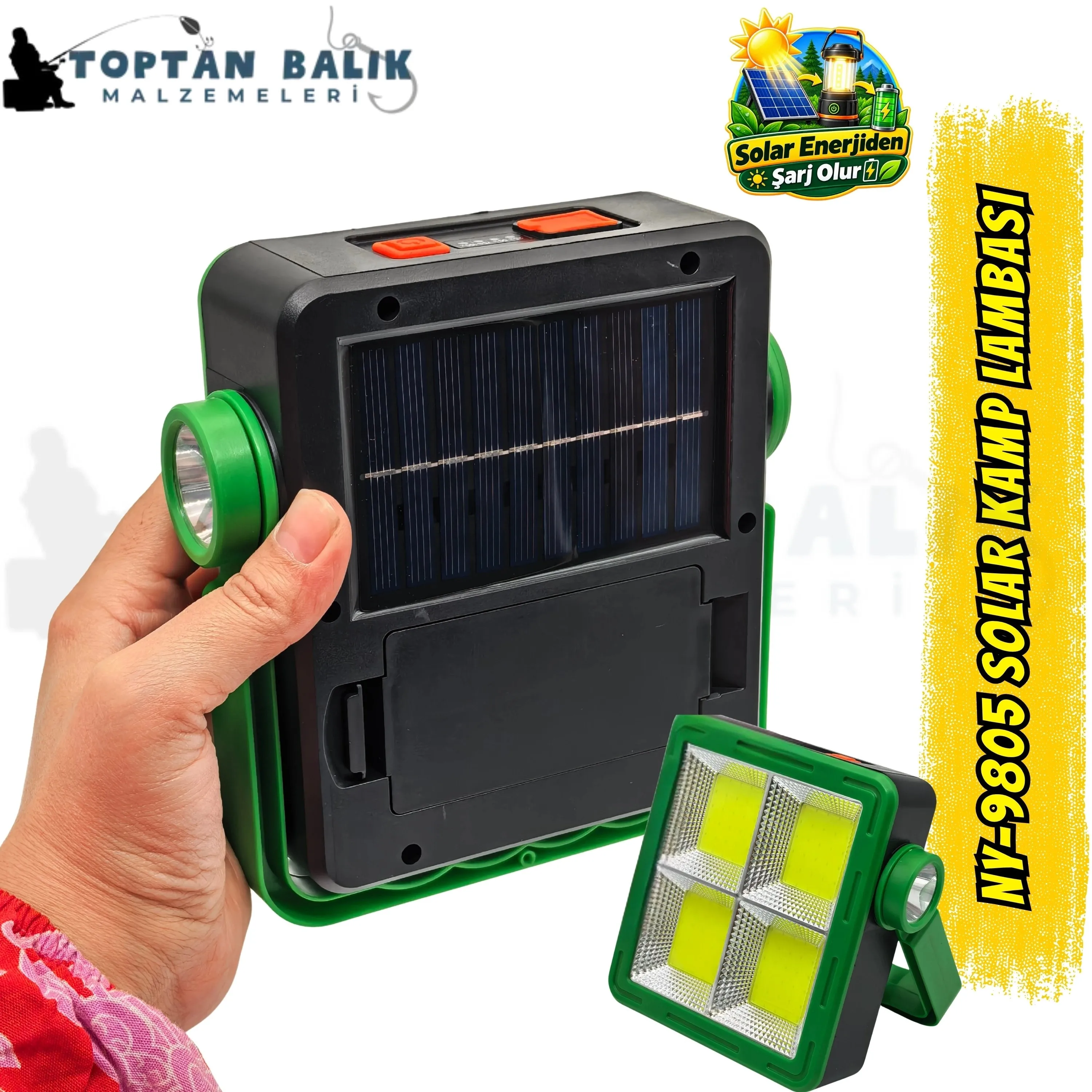 NY-9805 Çok Yönlü Şarj Edilebilir Solar Kamp Lambası ve Powerbank - Çok Fonksiyonlu Projektör, El Feneri ve Acil Durum Çakar Lambası (Yeşil / Turuncu)