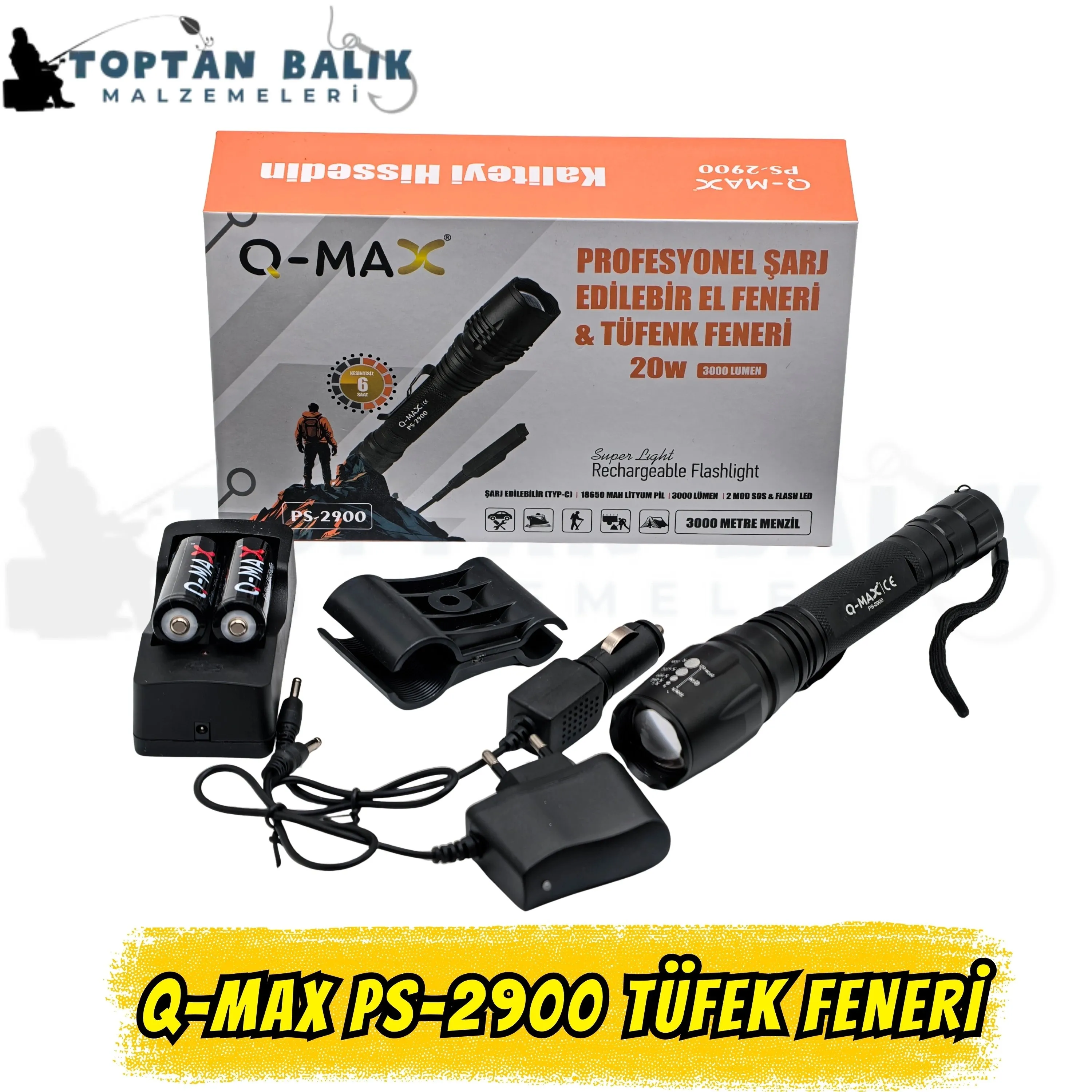 Q-Max PS-2900 20W 3000 Lümen Zoomlu Şarjlı El Feneri