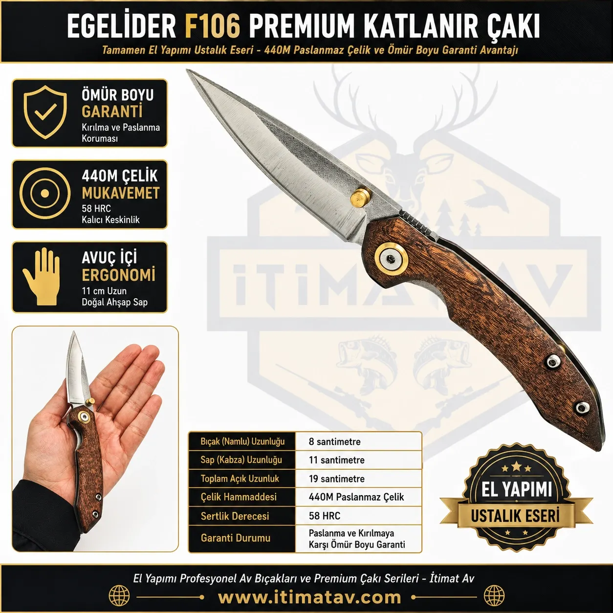 Egelider Bıçak F106 Premium El Yapımı Çakı - 440M Paslanmaz Çelik 19 cm