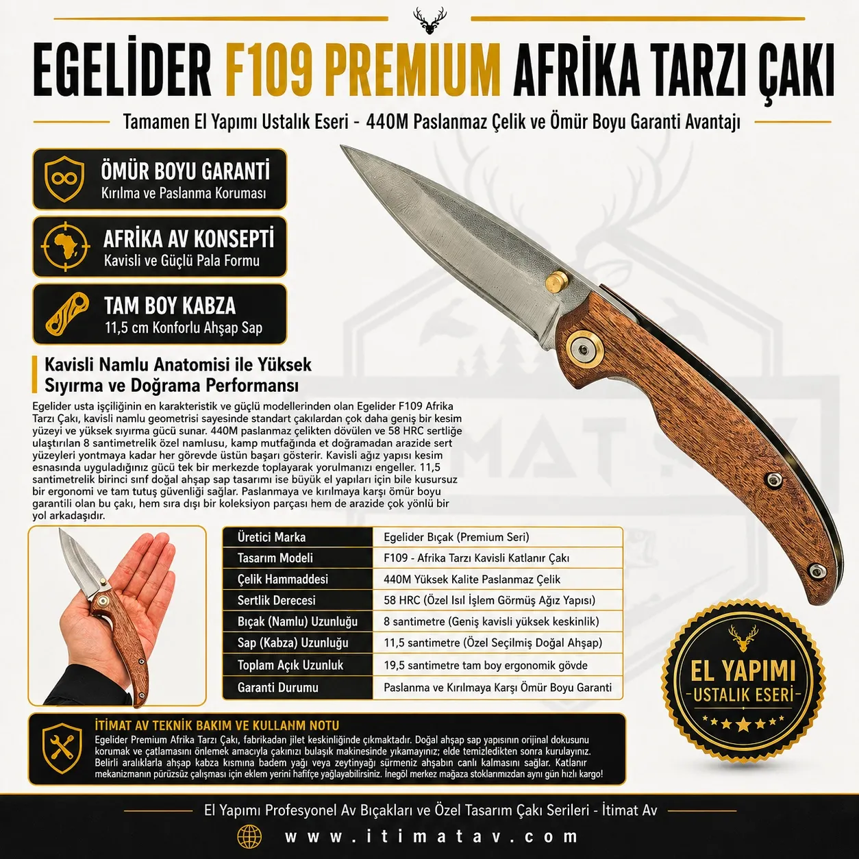 Egelider Bıçak F109 Premium El Yapımı Afrika Tarzı Çakı - 440M Çelik 19.5 cm