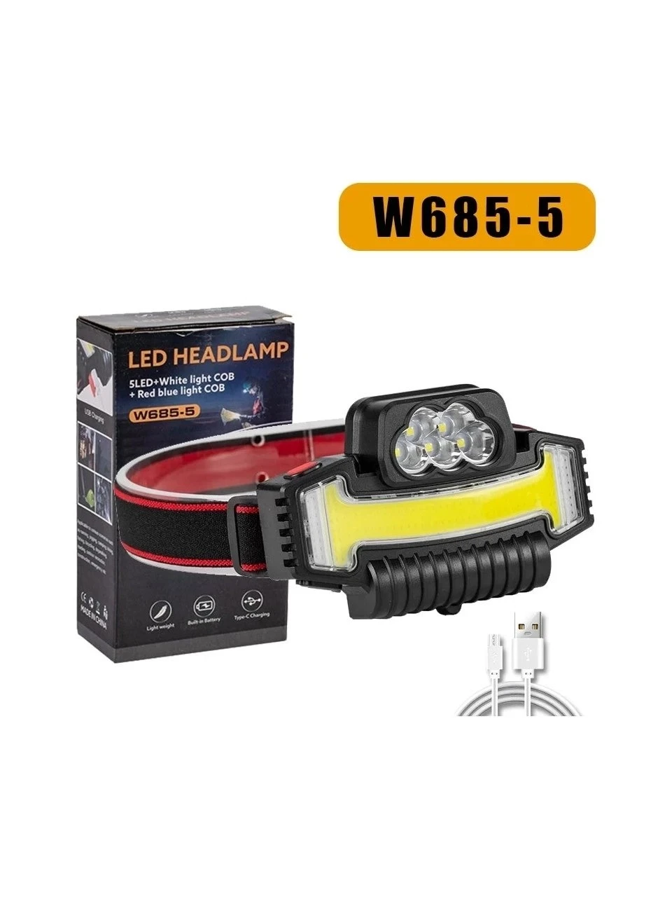 W685-5 Çok İşlevli LED + COB Şarjlı Kafa Lambası / Tip-C Güçlü Uzun Huzmeli Balıkçı Feneri