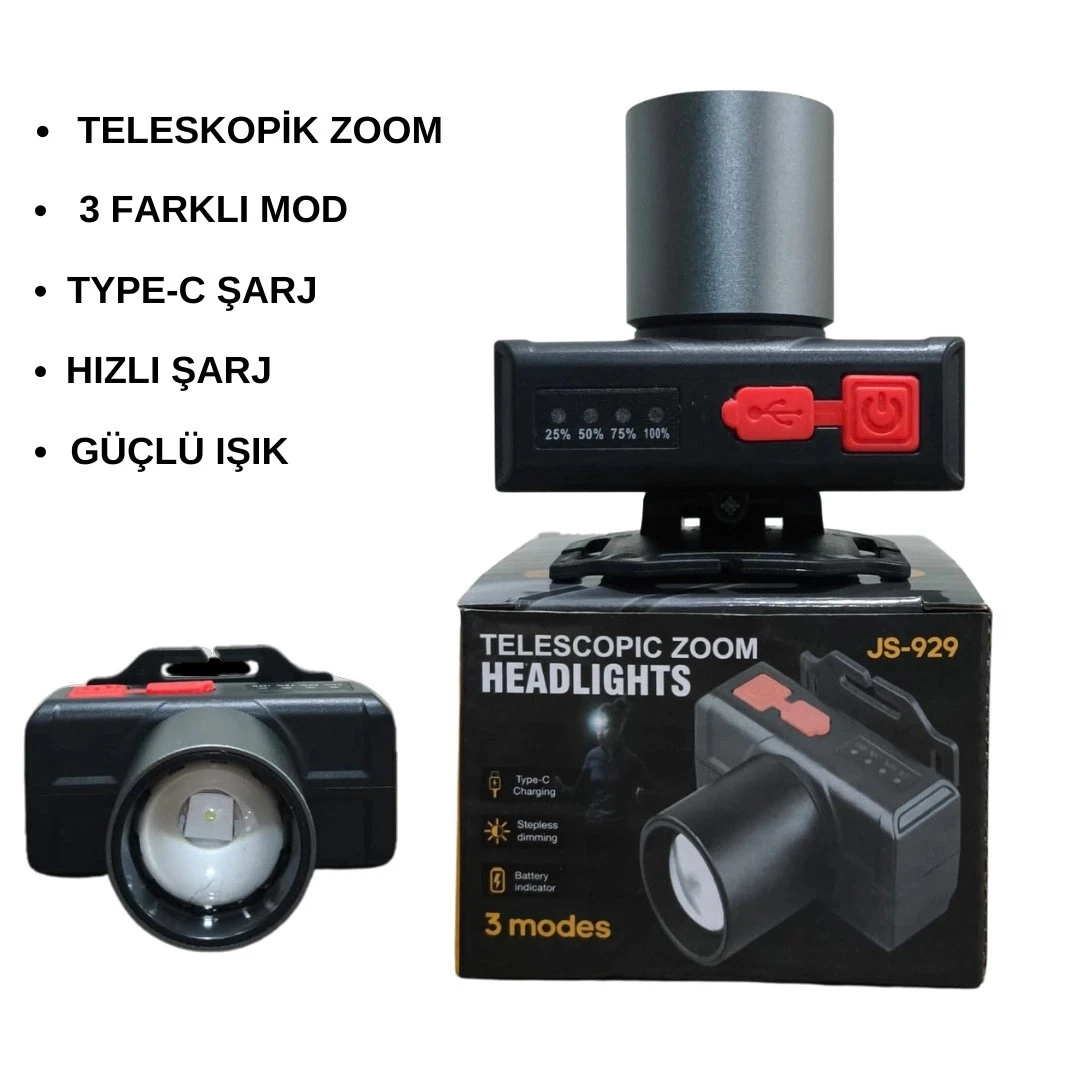 JS-929 Metal Kafa Zoomlu Type-C Şarjlı Kafa Lambası (Şarj Göstergeli)