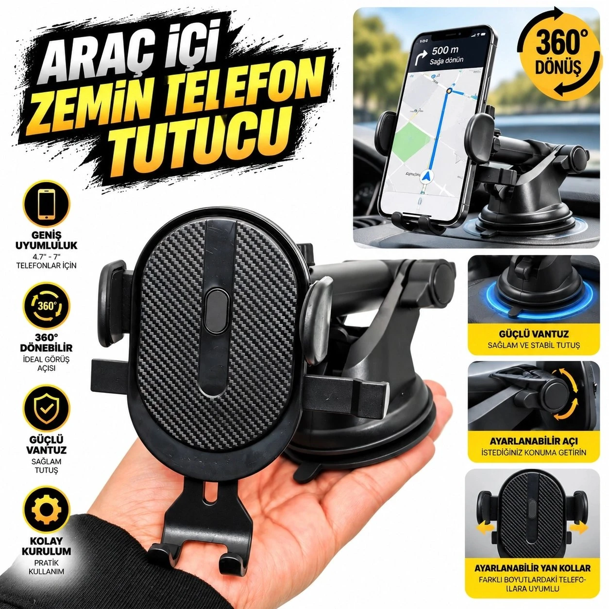 Yumax Araç ve Zemin Telefon Tutucu - 360 Derece Dönebilen Başlık, Güçlü Vakumlu Vantuzlu, Ayarlanabilir Açılı Torpido, Cam ve Masaüstü Tutacağı