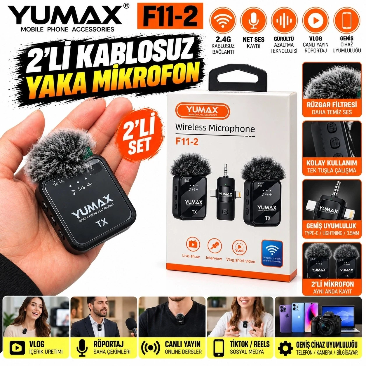 Yumax F11-2 Çift Mikrofonlu Kablosuz Yaka Mikrofonu - Tüylü Rüzgar Önleyicili