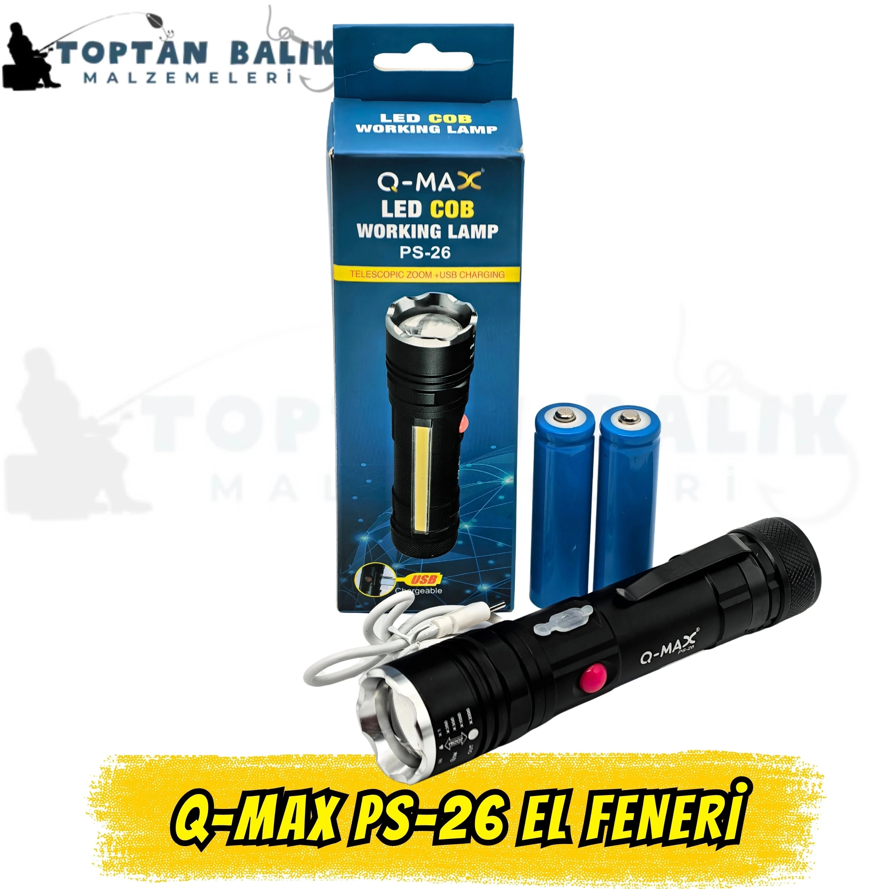 Q-max PS-27 Profesyonel Zoomlu El Feneri - COB LED, Mıknatıslı ve Çift Pil Desteği (Type-C Şarjlı)