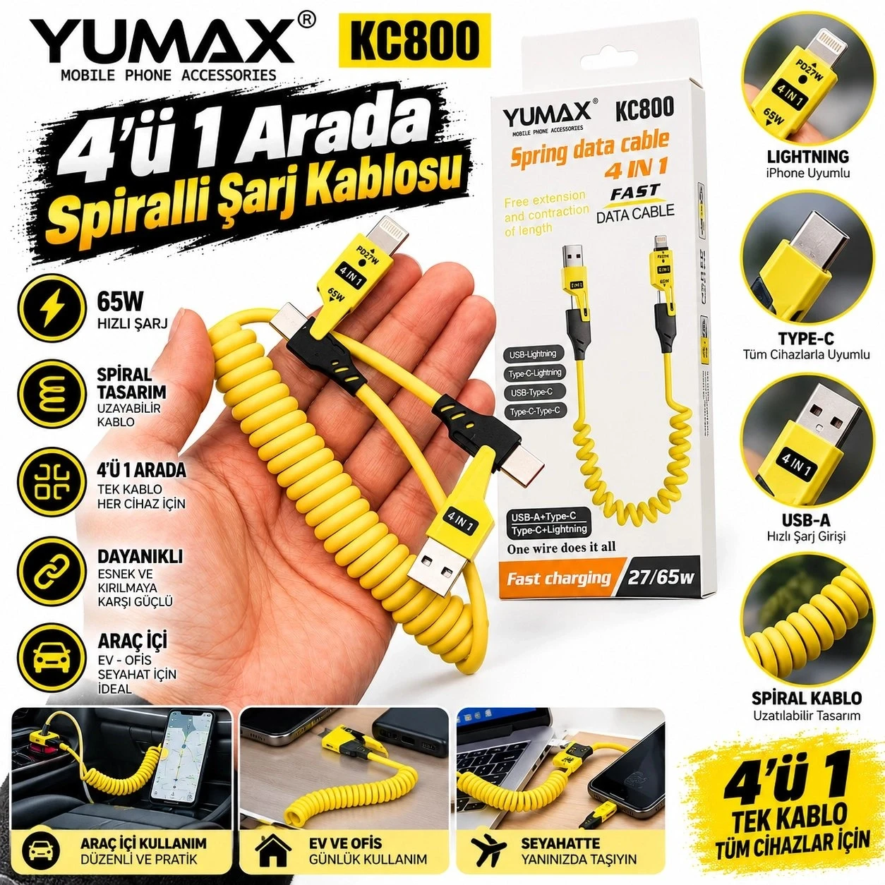 Yumax KC800 27W/65W 4ü 1 Arada Spiralli Hızlı Şarj Kablosu