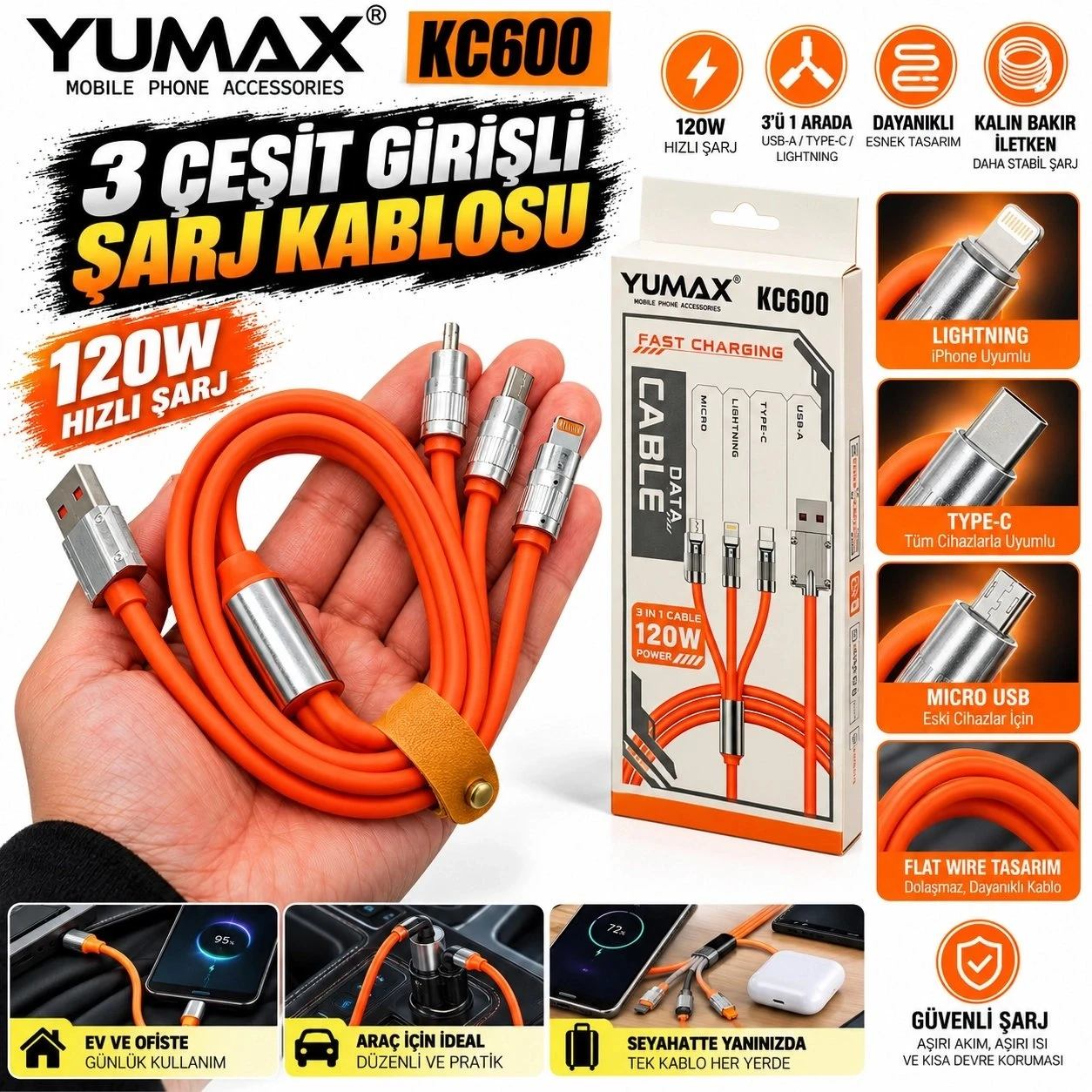 Yumax KC600 120W 3ü 1 Arada Hızlı Şarj Kablosu (120 cm)