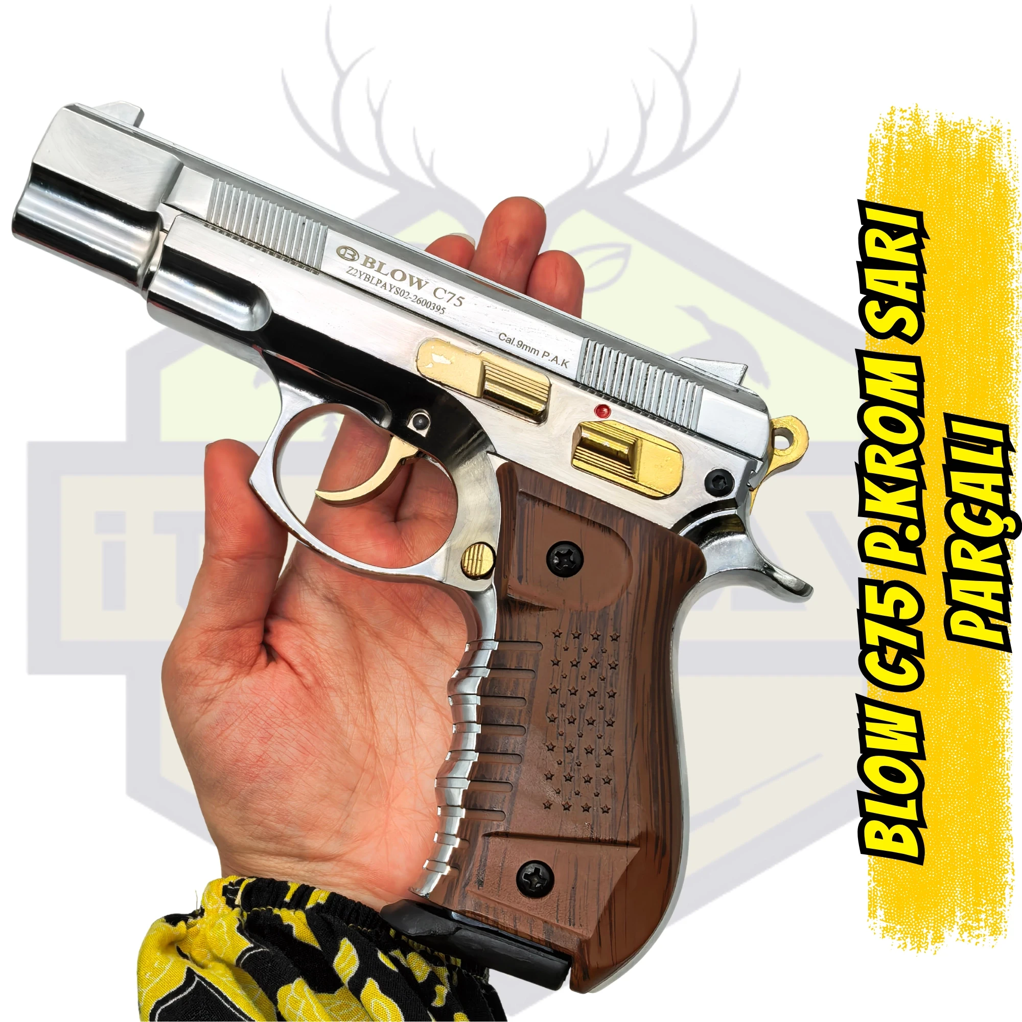 Blow C75 Kurusıkı Ses Tabancası Parlak Krom Altın Parçalı (9 mm - 17+1 Şarjör)