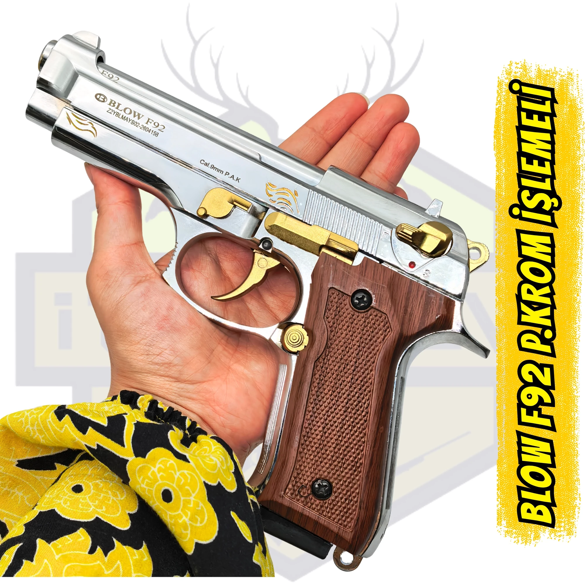 Blow F92 İşlemeli Kurusıkı Tabanca (Parlak Krom - Altın Parçalı)