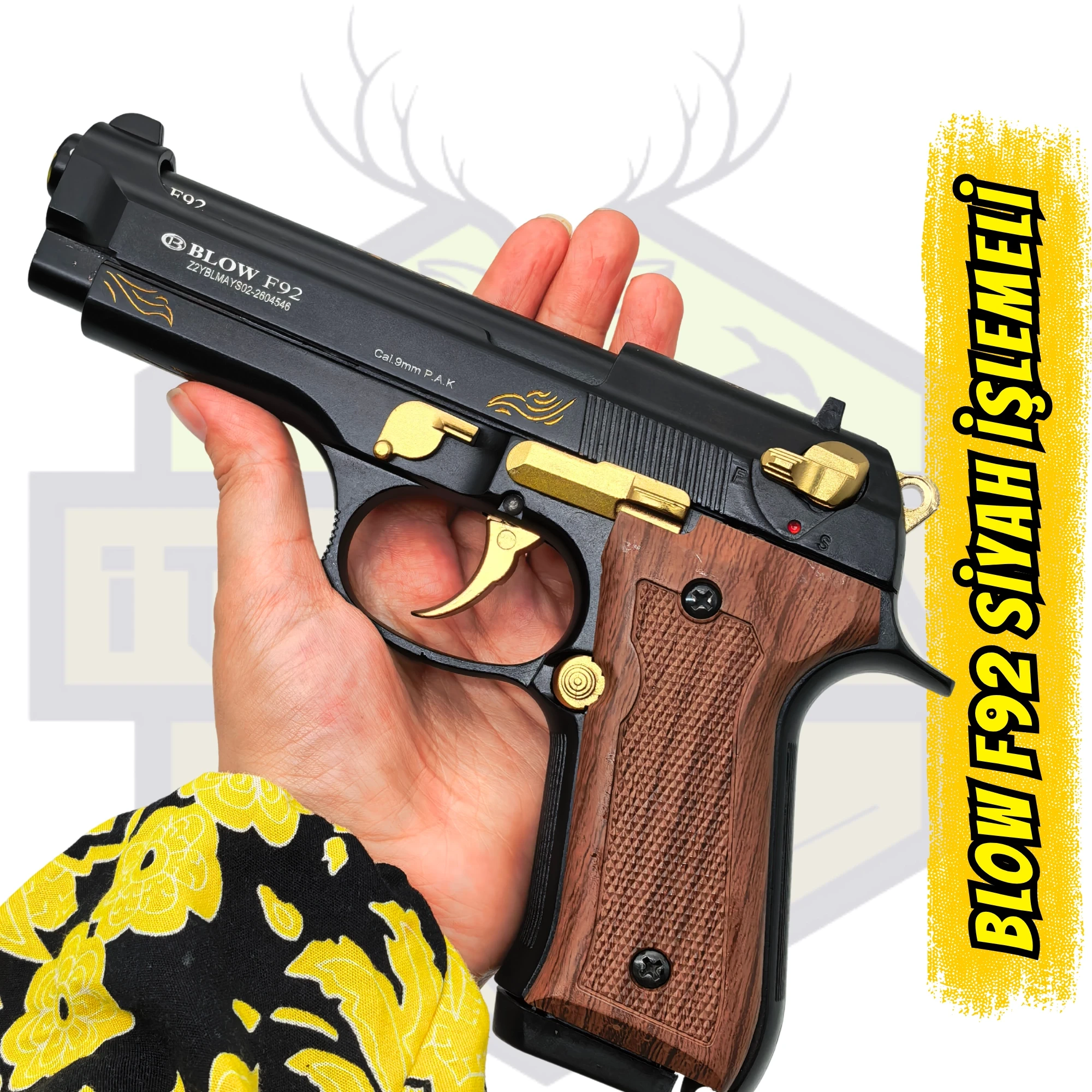 Blow F92 İşlemeli Kurusıkı Tabanca (Siyah - Altın Parçalı)