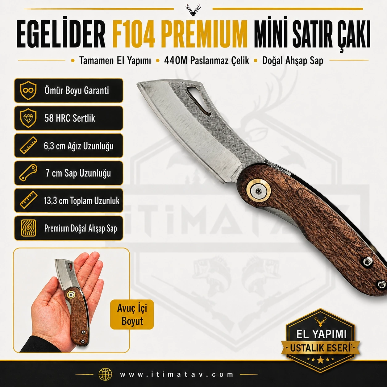 Egelider Bıçak F104 Premium El Yapımı Mini Satır Çakı - 440M Çelik 13.3 cm