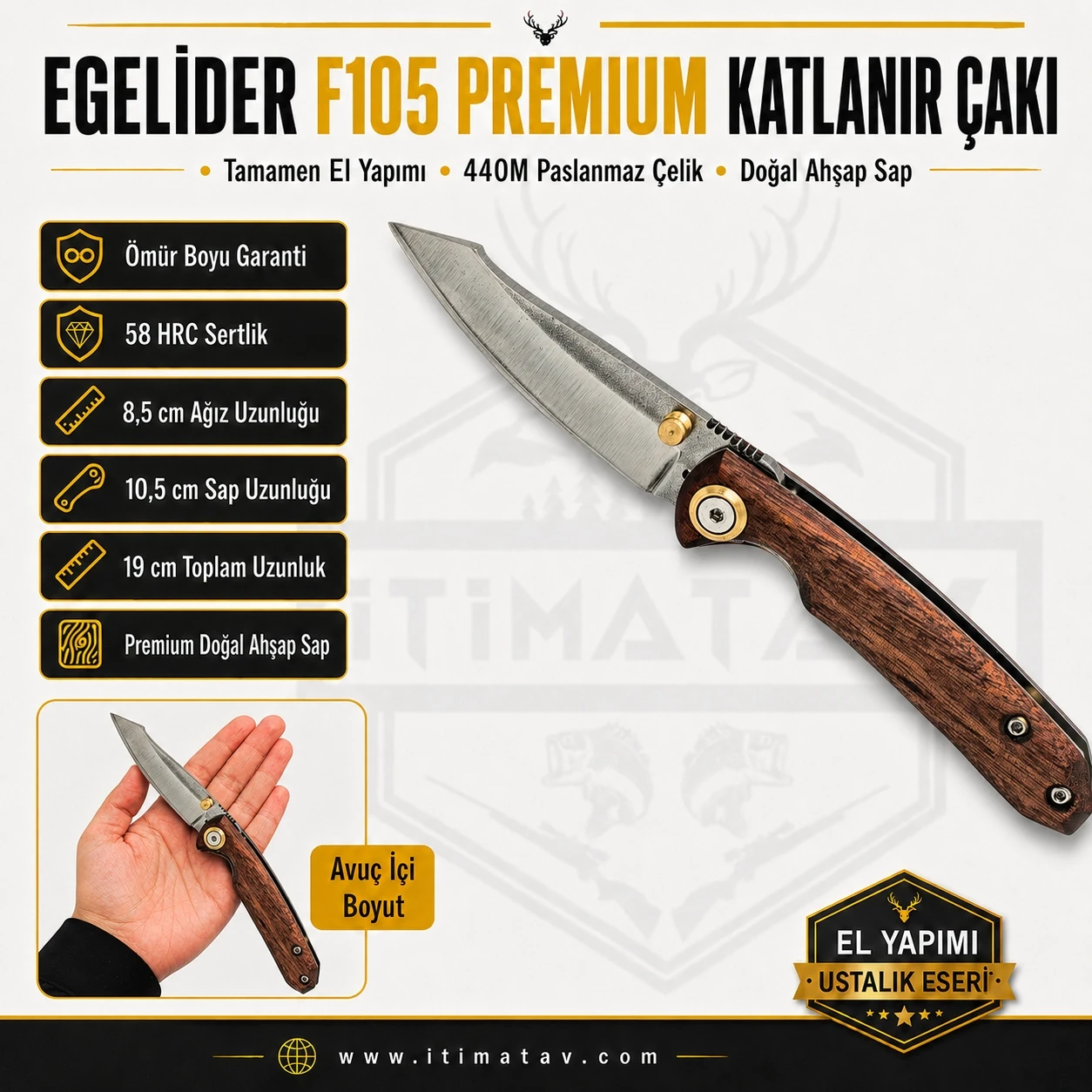 Egelider Bıçak F105 Premium El Yapımı Çakı - 440M Paslanmaz Çelik 19 cm