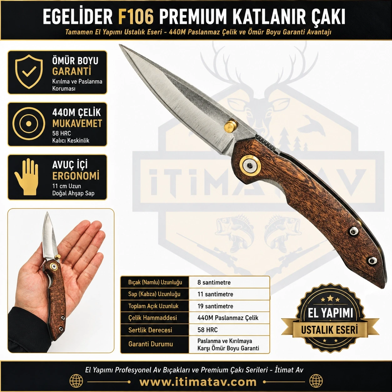 Egelider Bıçak F106 Premium El Yapımı Çakı - 440M Paslanmaz Çelik 19 cm