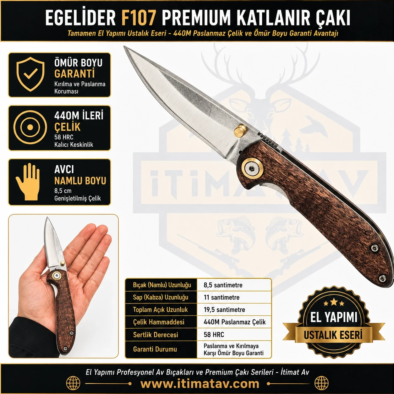 Egelider Bıçak F107 Premium El Yapımı Çakı - 440M Paslanmaz Çelik 19.5 cm