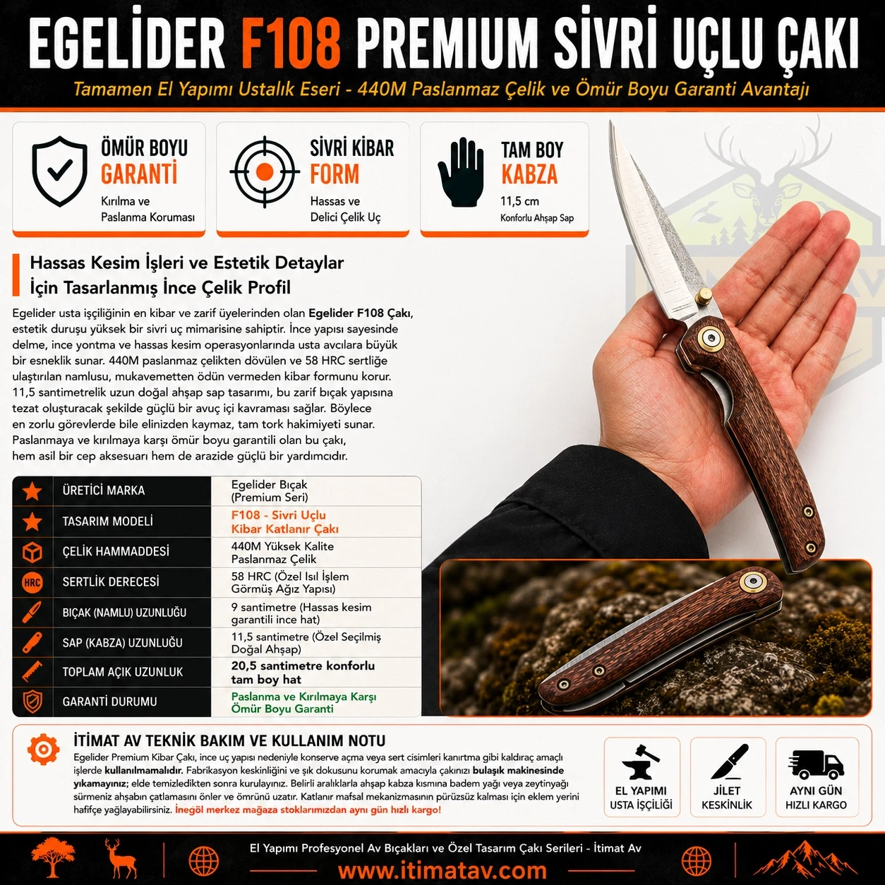 Egelider Bıçak F108 Premium El Yapımı Sivri Uçlu Kibar Çakı - 440M Çelik 20.5 cm