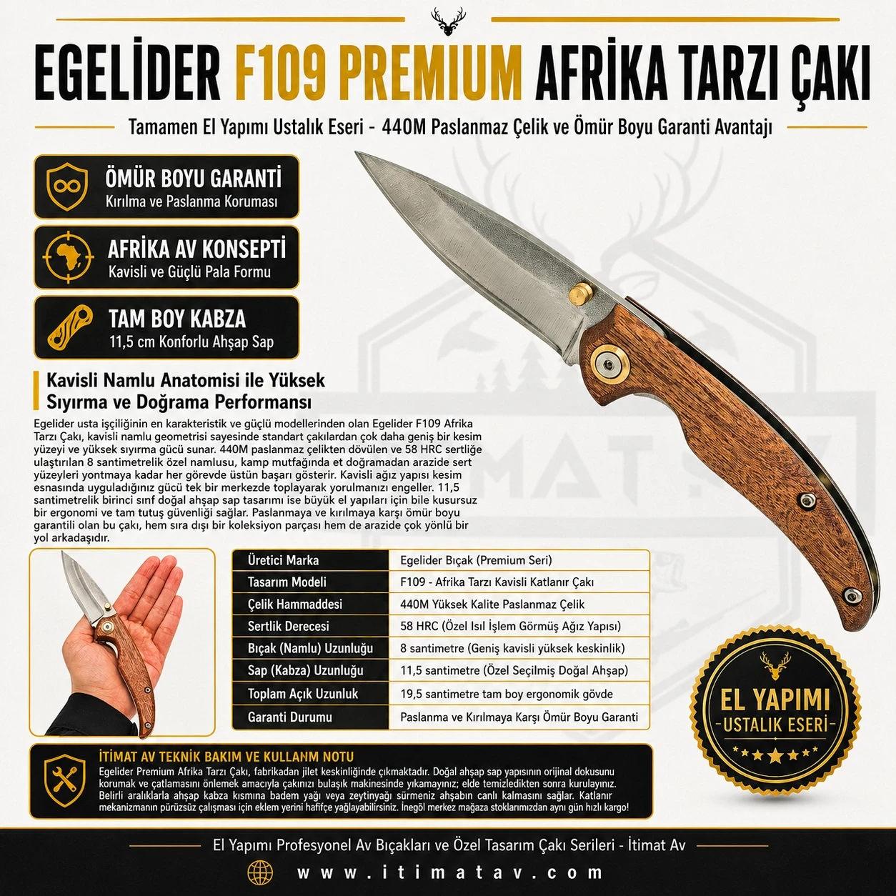 Egelider Bıçak F109 Premium El Yapımı Afrika Tarzı Çakı - 440M Çelik 19.5 cm