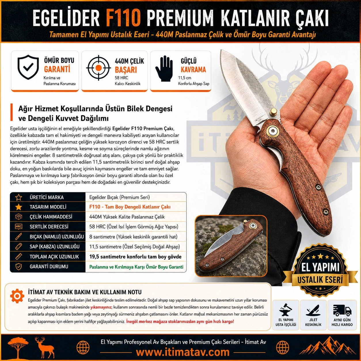 Egelider Bıçak F110 Premium El Yapımı Çakı - 440M Paslanmaz Çelik 19.5 cm