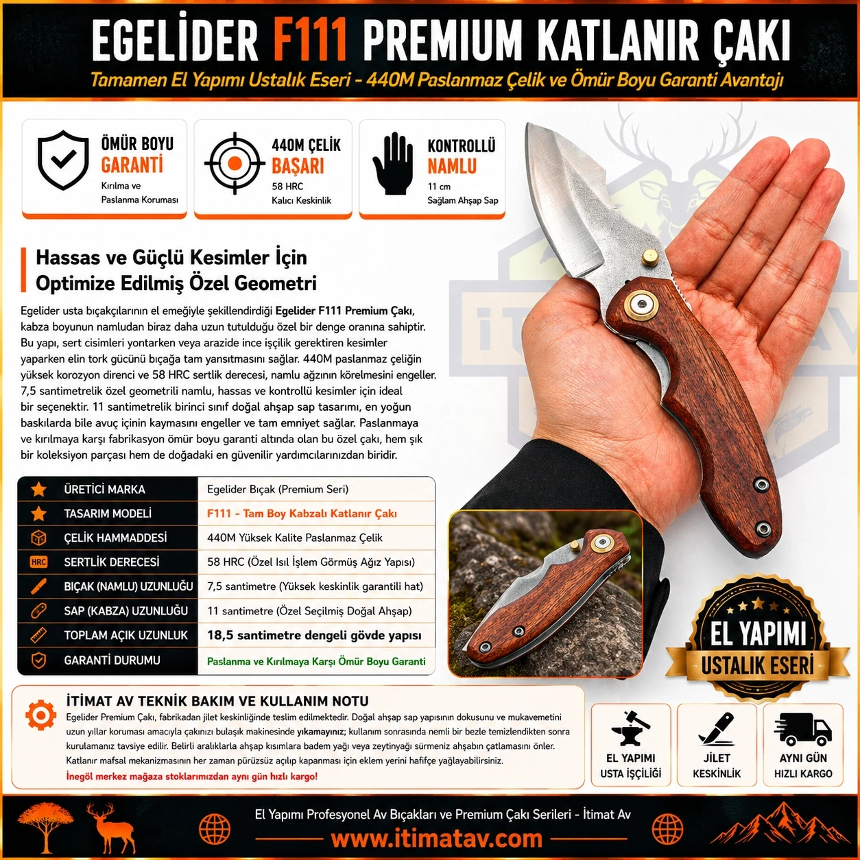 Egelider Bıçak F111 Premium El Yapımı Çakı - 440M Paslanmaz Çelik 18.5 cm