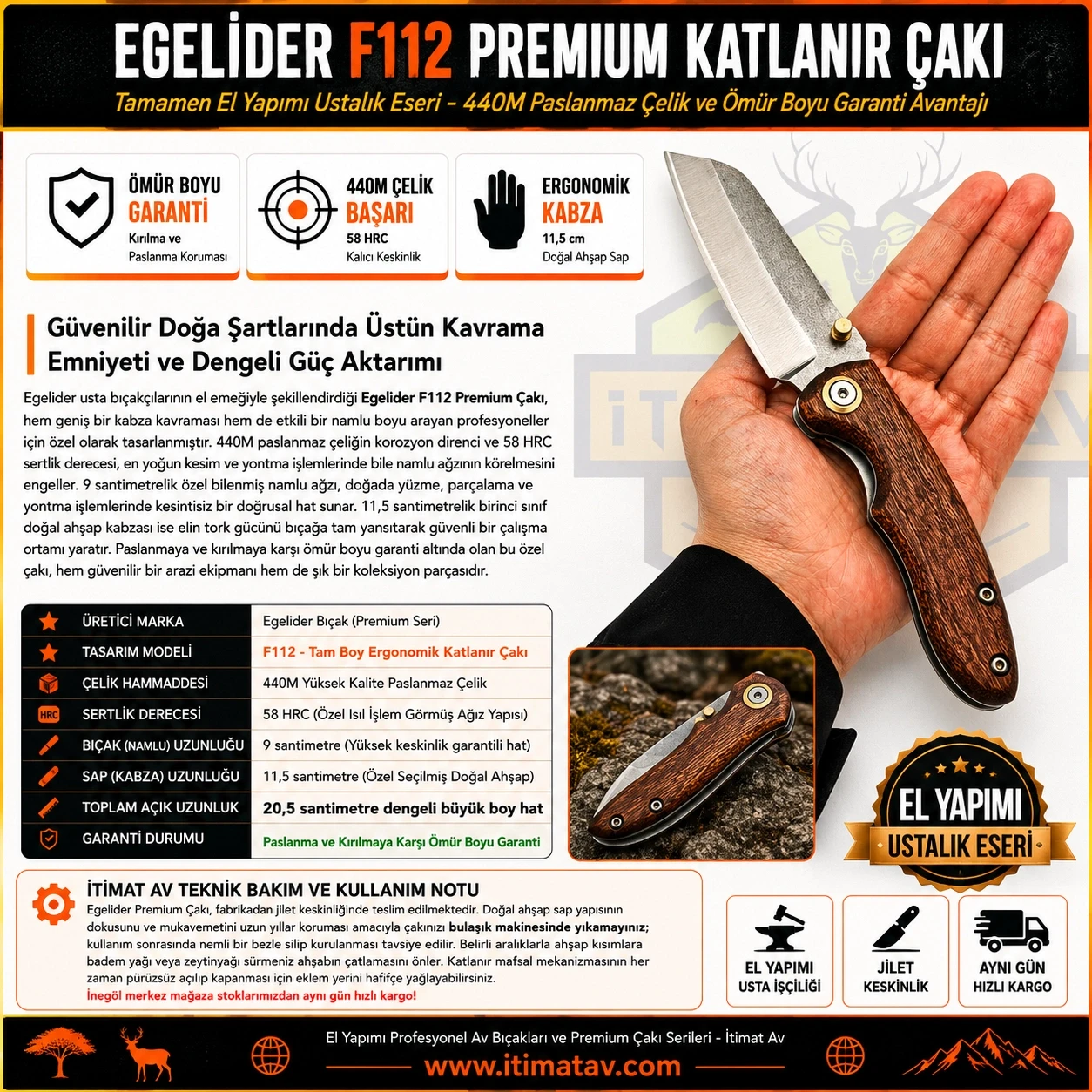 Egelider Bıçak F112 Premium El Yapımı Çakı - 440M Paslanmaz Çelik 20.5 cm