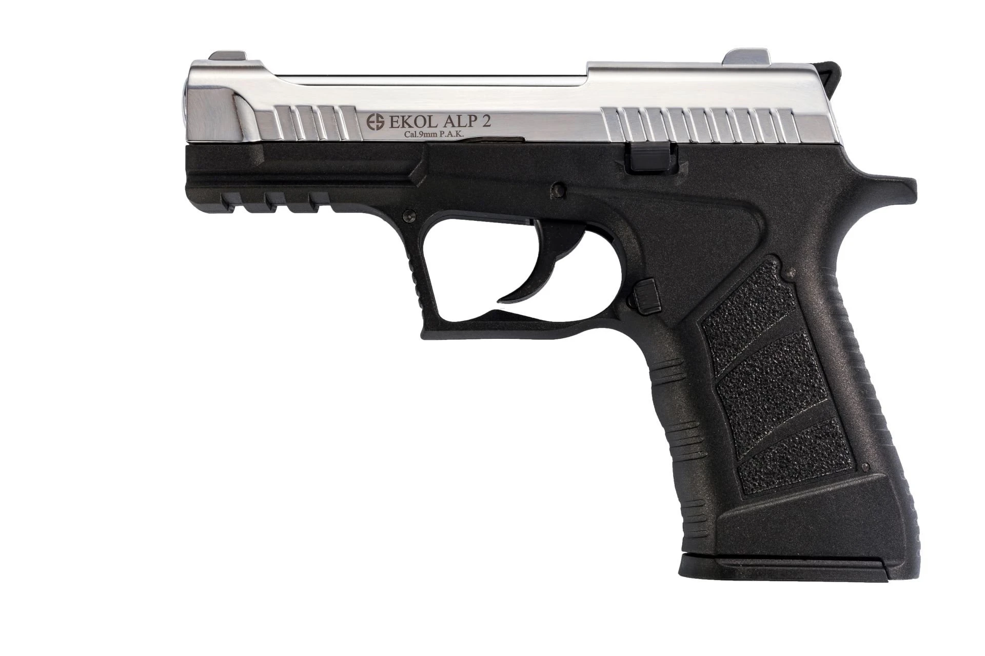 Ekol Alp 2 Kurusıkı Ses Tabancası Parlak Krom (9 mm - Ultra İnce Kompakt Gövde - 580 g - 14/25 Şarjör Kapasiteli)
