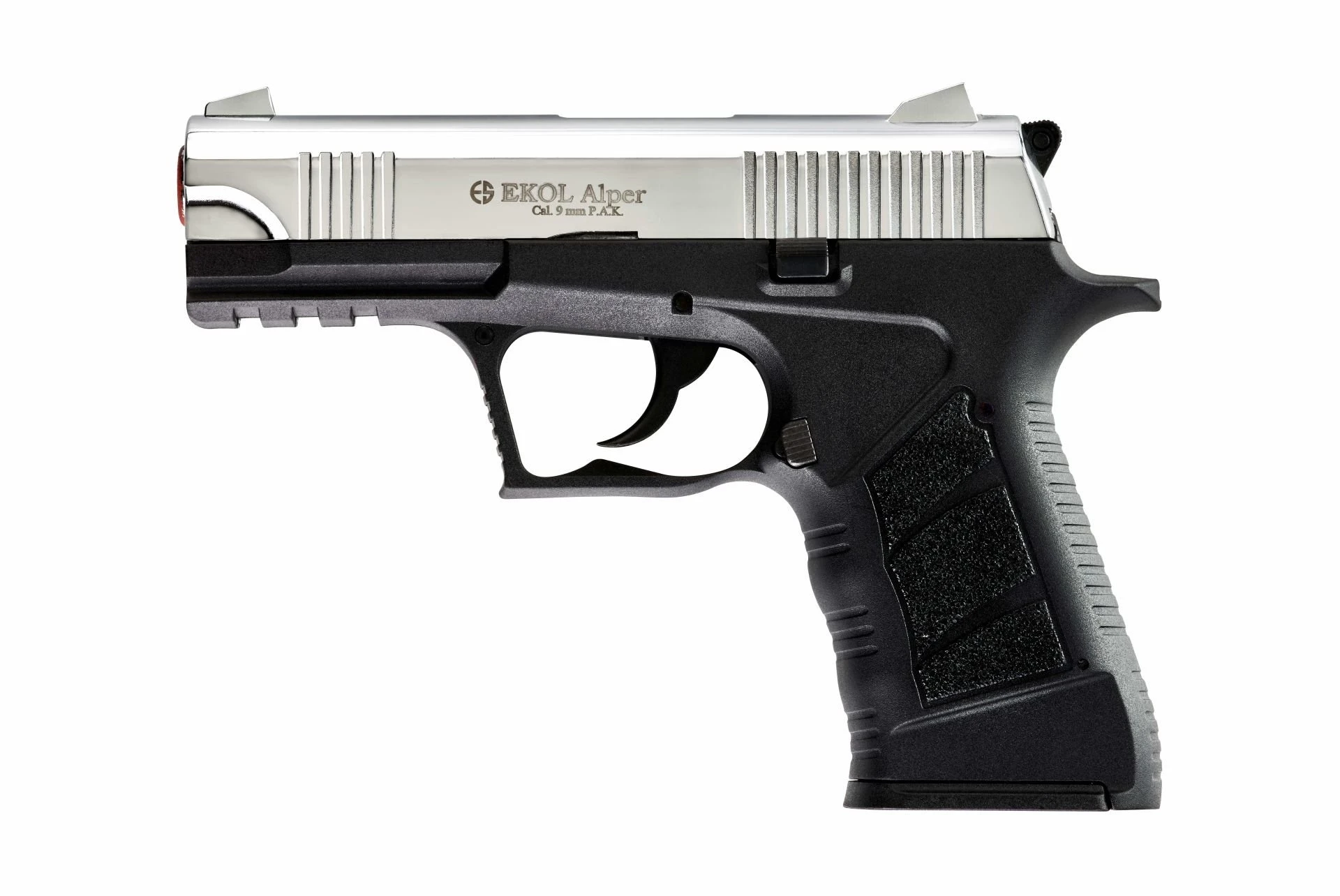 Ekol Alper Kurusıkı Ses Tabancası Parlak Krom (9 mm - Kompakt Gövde - 650 g - 14/25 Şarjör Kapasiteli)