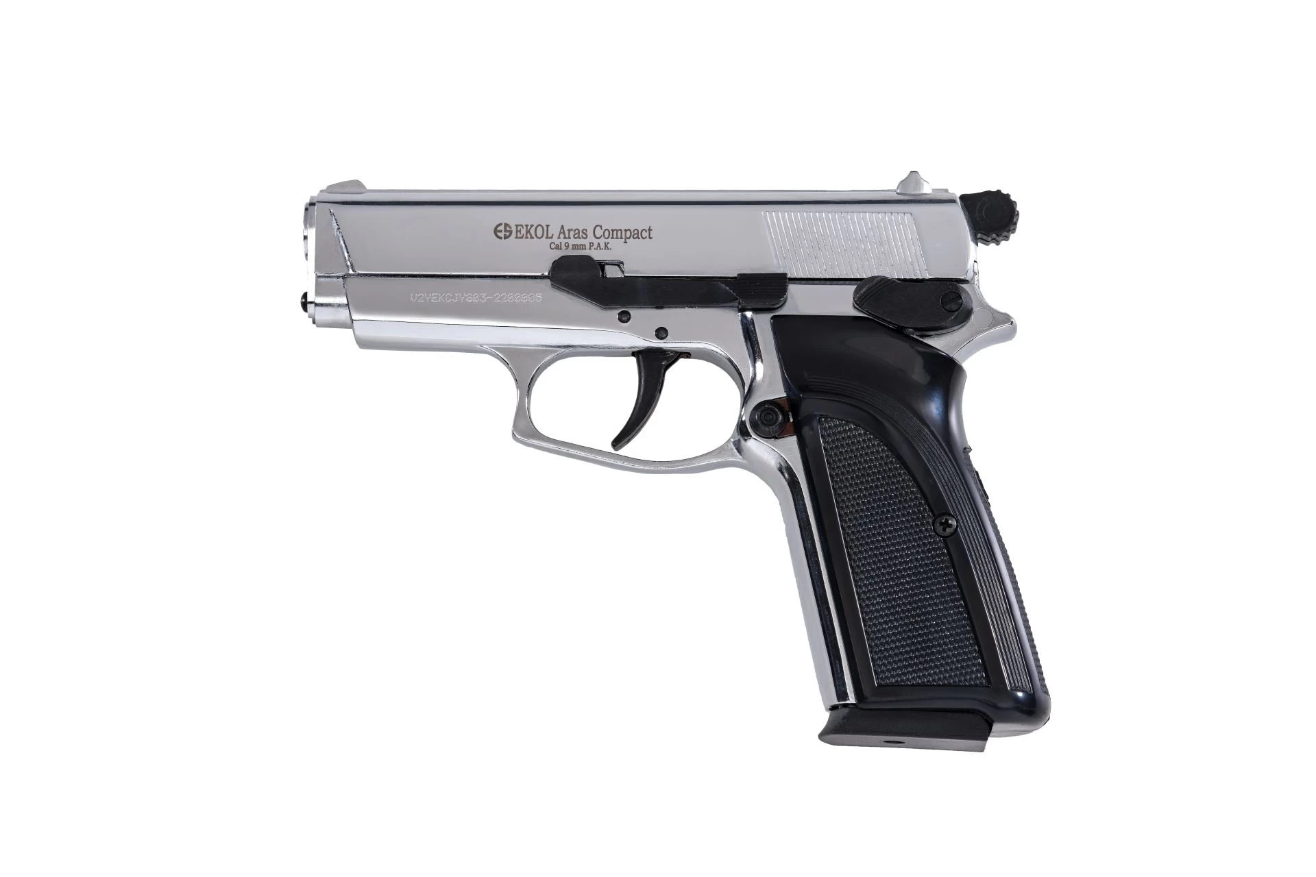 Ekol Aras Compact Kurusıkı Ses Tabancası Parlak Krom (9 mm - Compact Gövde - 732 g - 14 Şarjör Kapasiteli)