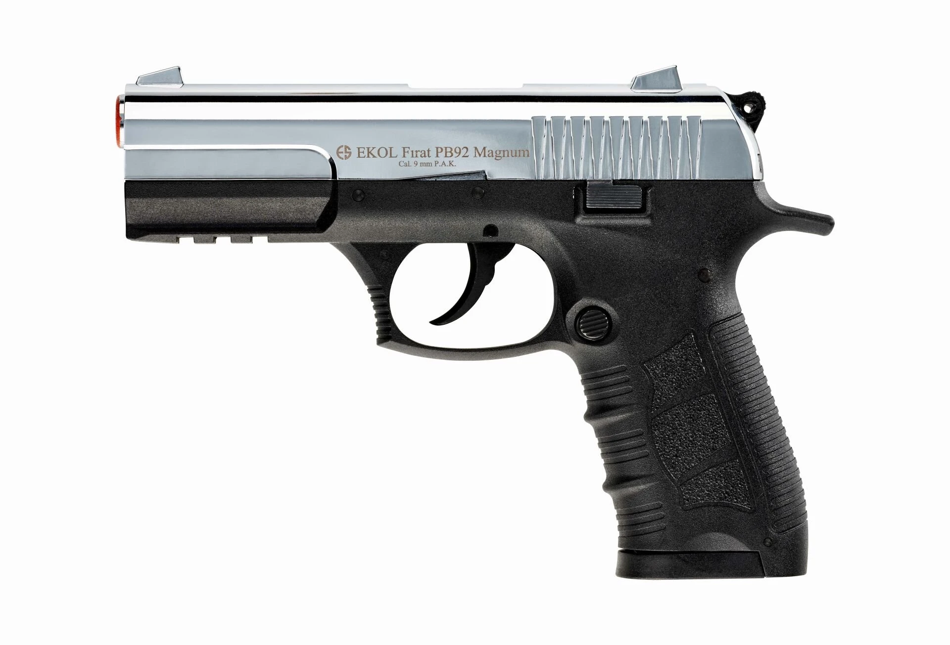 Ekol Fırat PB 92 Kurusıkı Ses Tabancası Parlak Krom (9 mm - Yarı Otomatik - 830 g - 17/25 Şarjör Kapasiteli)