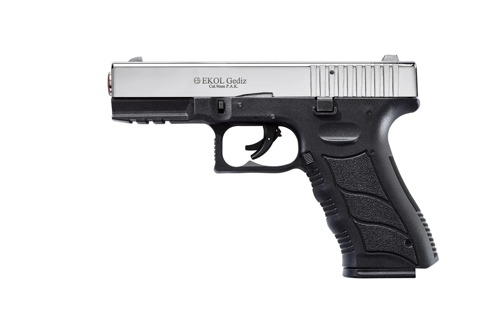 Ekol Gediz Kurusıkı Ses Tabancası Parlak Krom (9 mm - Polymer Taktik Gövde - 816 g - 17 Şarjör Kapasiteli)