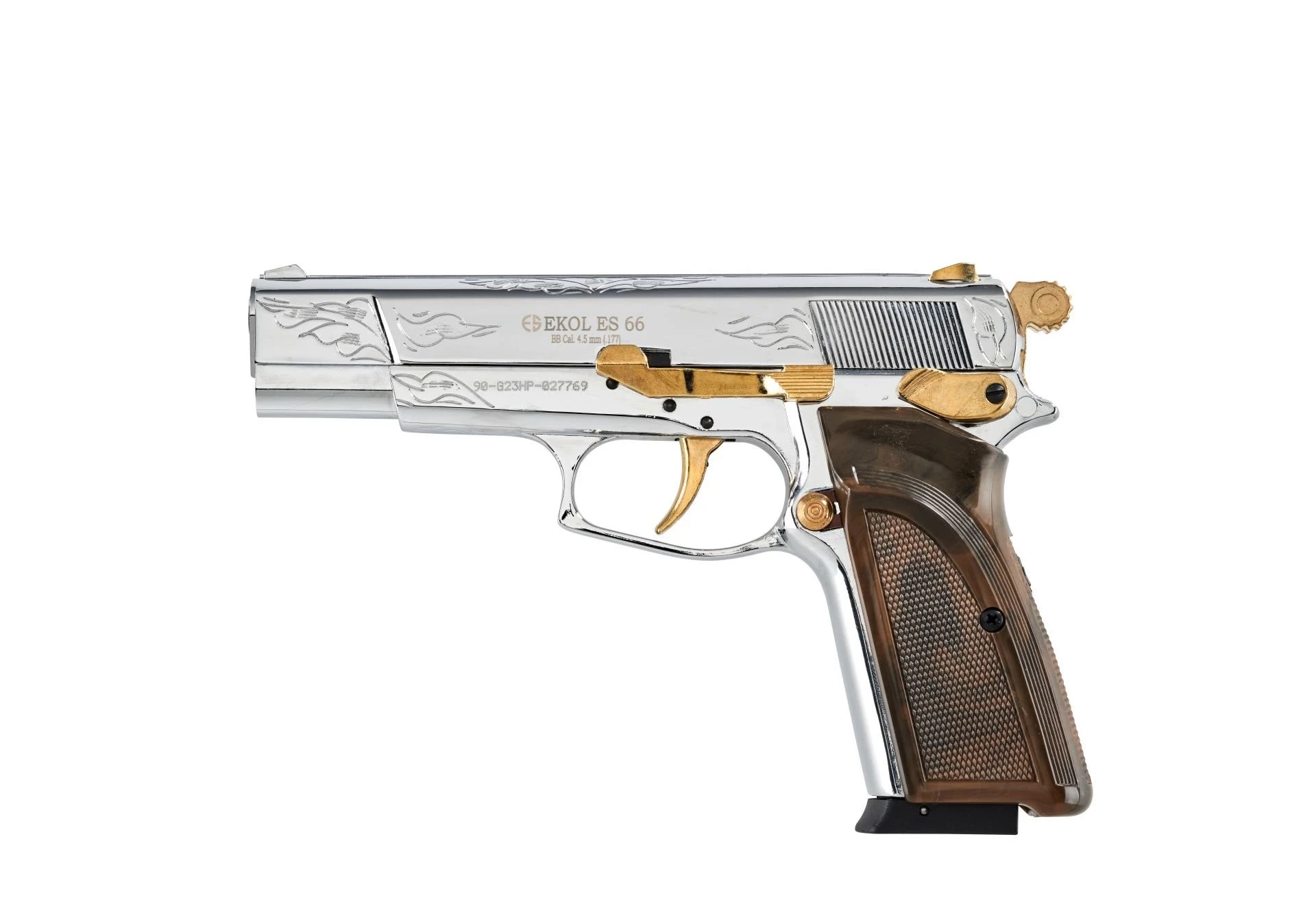 Ekol Voltran ES 66 Havalı Tabanca Altın İşlemeli Parlak Krom (4.5 mm BB - 995 g Full Metal Gövde - 150 m/s Çıkış Hızı)
