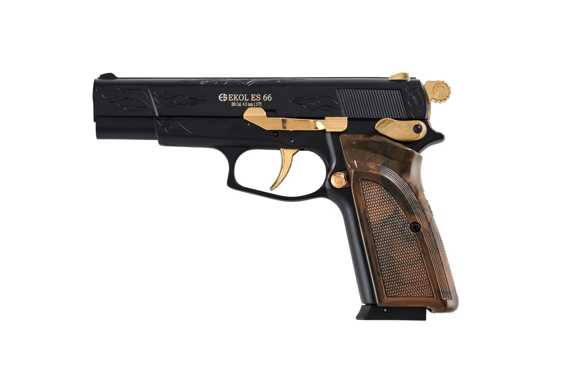 Ekol Voltran ES 66 Havalı Tabanca Altın İşlemeli Siyah (4.5 mm BB - 995 g Full Metal Gövde - 150 m/s Çıkış Hızı)