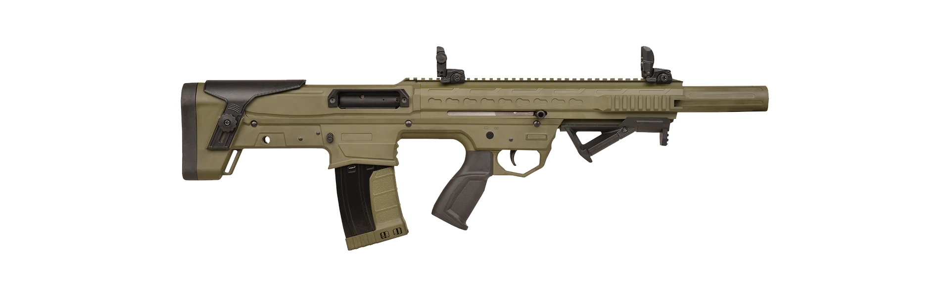 Ferman Brasi-001 Bullpup Şarjörlü Pompalı & Yarı Otomatik Av Tüfeği (12 Kalibre - Çift Sistem - Taktik Yeşil)