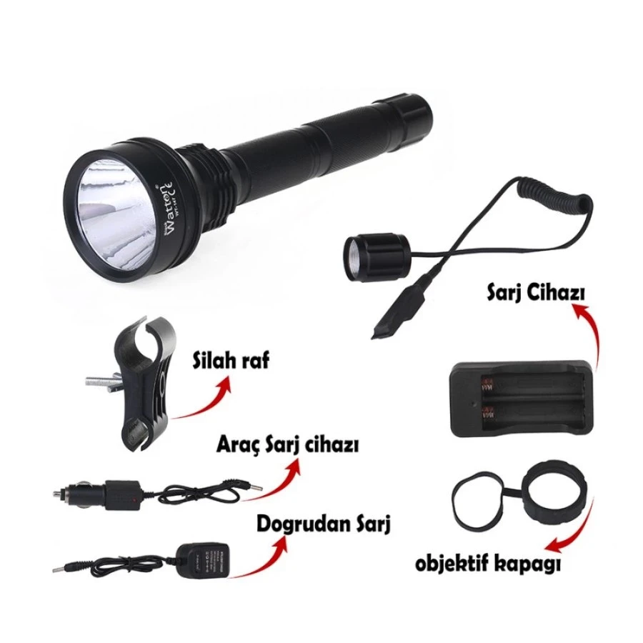 BlackWatton WT-147 Güçlü Profesyonel Tüfek Feneri - 500m Menzilli T6 LED (Filtre Uyumlu Set)