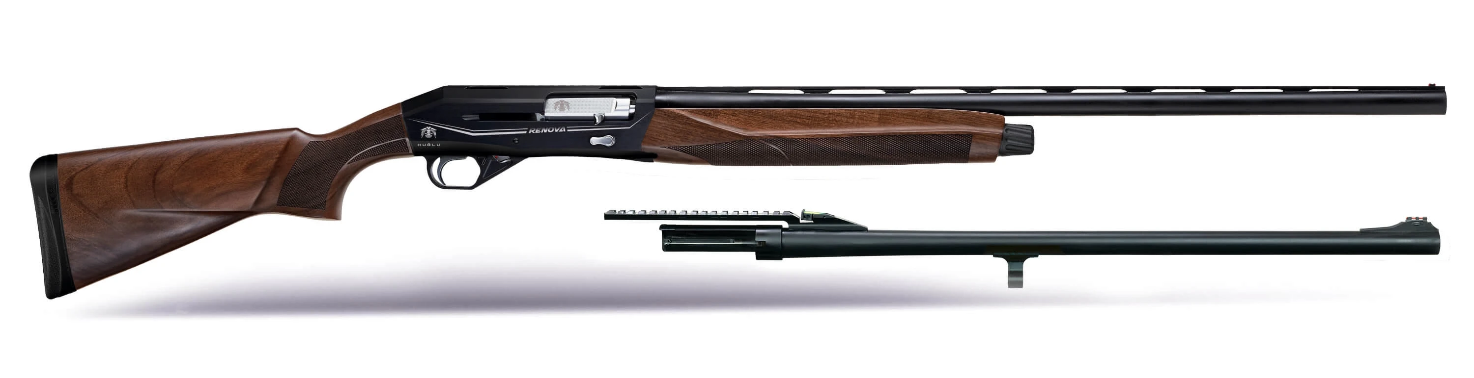 Huğlu Renova Cantilever Combo Slug Yarı Otomatik Av Tüfeği Siyah (12 GA - Kinetik Sistem - Çift Namlulu Combo Set - Cantilever Picatinny Raylı Slug Namlu - Türk Cevizi)
