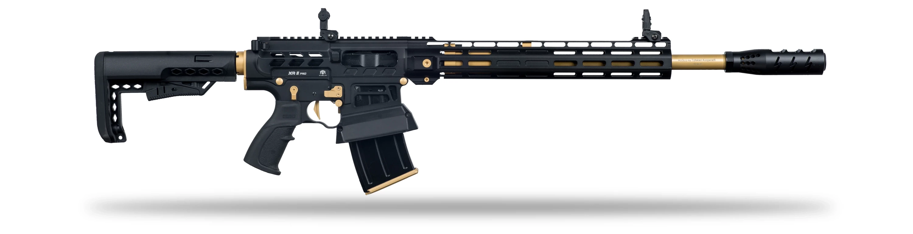Huğlu XR 8 Pro Gold Şarjörlü Av Tüfeği Siyah Sarı Parçalı (12 GA - Gazlı Sistem - Ayarlanabilir Valf - Teleskopik Dipçik - 47 CM Mobil Şoklu)