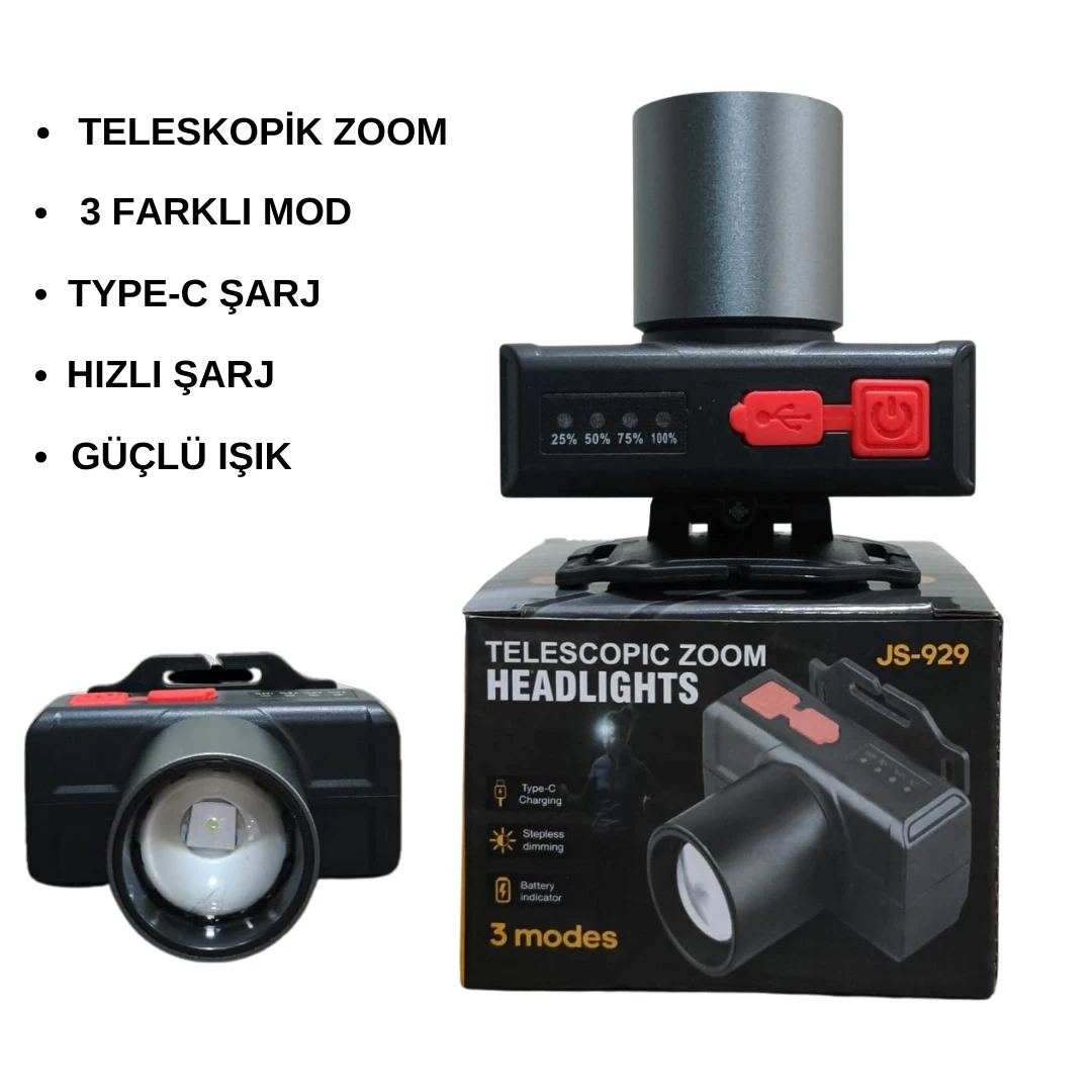 JS-929 Metal Kafa Zoomlu Type-C Şarjlı Kafa Lambası (Şarj Göstergeli)