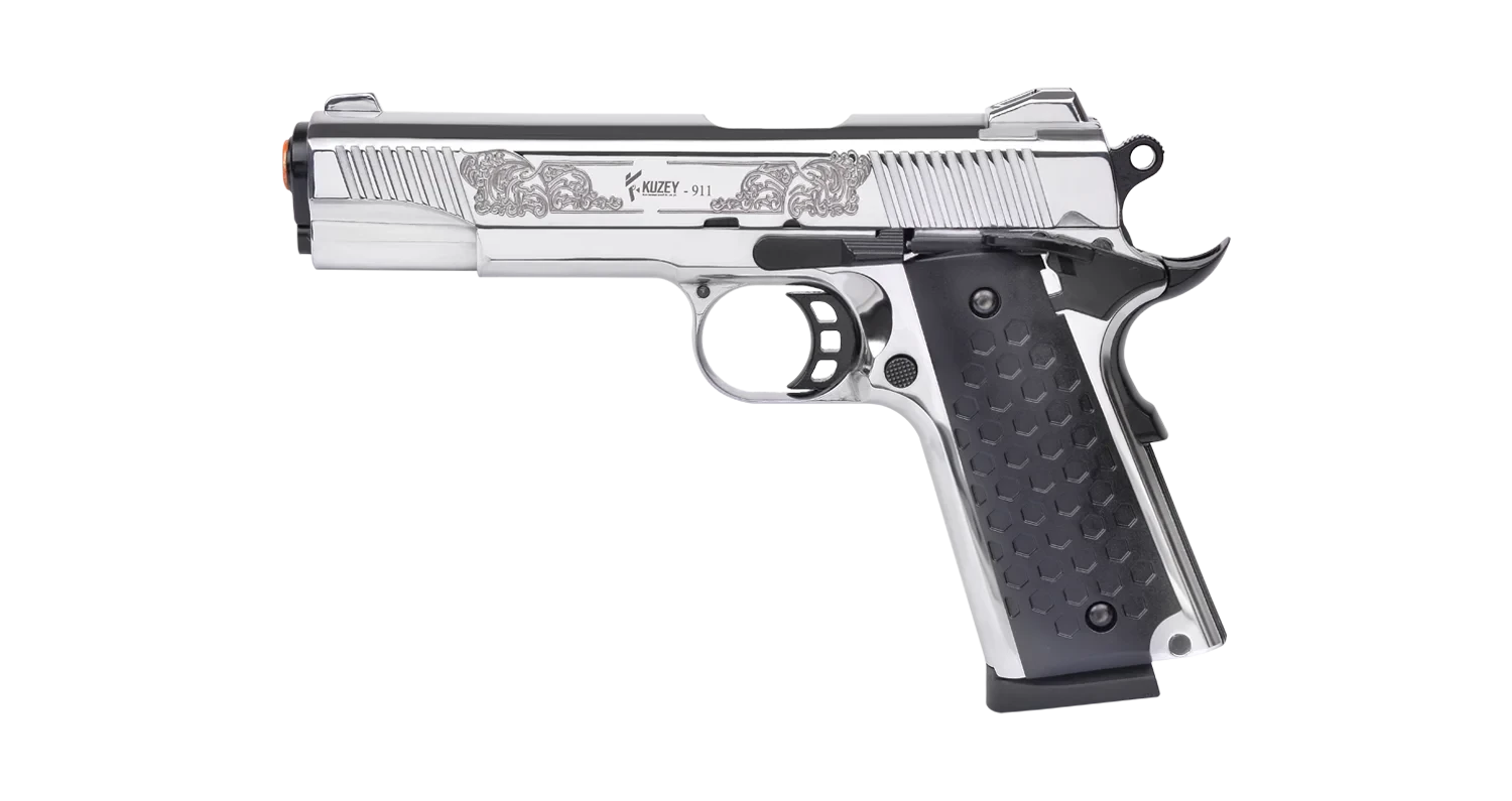 Kuzey 911 Kurusıkı Ses Tabancası (9 mm P.A.K. - Parlak Krom İşlemeli - Colt M1911 Tipi)