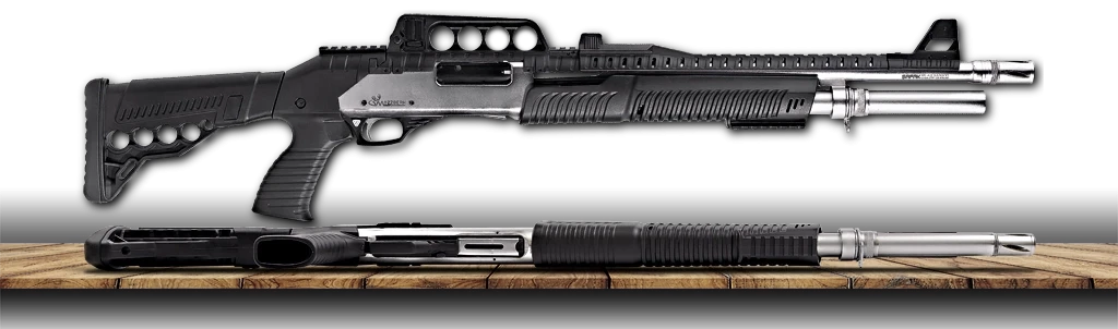 Mozzberk B-7 / P-03 Tactical Parlak Krom Pompalı Av Tüfeği (12 Kalibre - Sentetik Kundaklı)