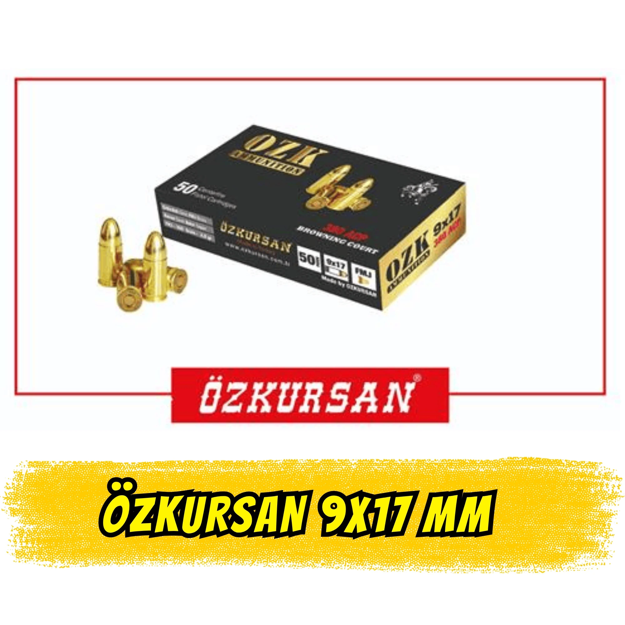 Özkursan 9x17mm (380 Auto) FMJ 100 Grain Kısa 9 Tabanca Fişeği - 50 Adet