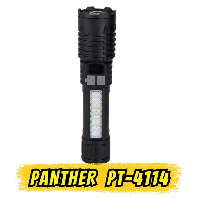 Panther PT-4114 Type-C Şarjlı P50 LED + Yan SMD LED Zoomlu El Feneri (800 Lümen / Kırmızı-Mavi Flaşörlü)