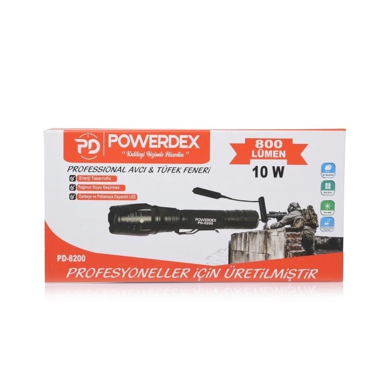 Powerdex PD-8200 Profesyonel Tüfek Aparatlı Avcı Feneri - 10W / 800 Lümen Cree T6 LED